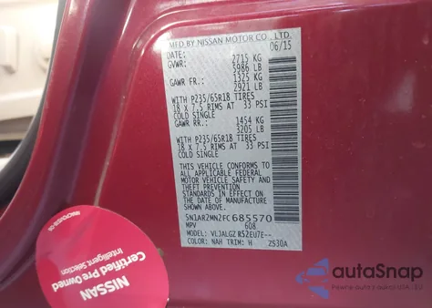 2015 Nissan Pathfinder Sl из США, поврежденный, VIN 5N1AR2MN2FC685570